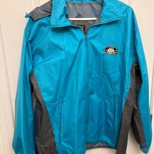 Rain jacket with detachable hood. Teal size Medium. Brand new never worn.